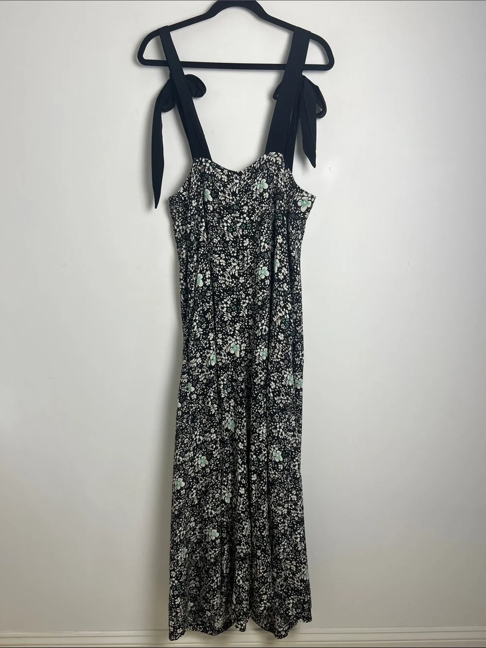 Free People Small Black Floral Cecilia Shoulder Tie Wide Leg Jumpsuit Bohemian